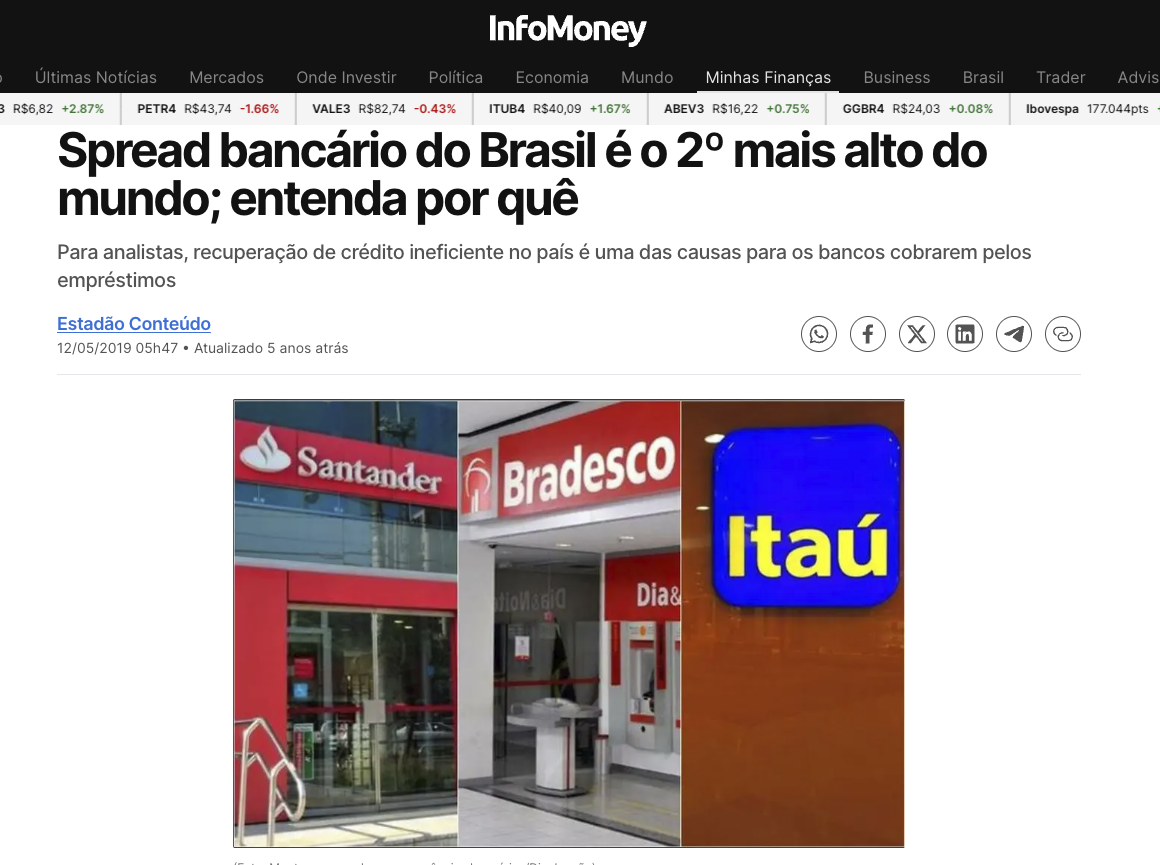 Matéria InfoMoney: spread bancário do Brasil é o 2º mais alto do mundo