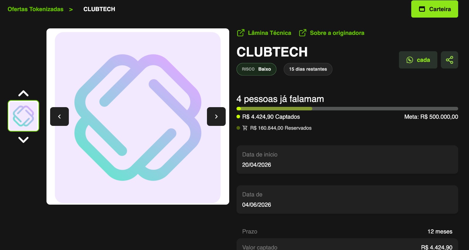 Oportunidade Clubtech na plataforma Tokeniza — ~24% ao ano