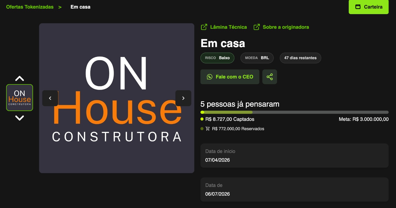 Oportunidade On House na plataforma Tokeniza — ~22,8% ao ano