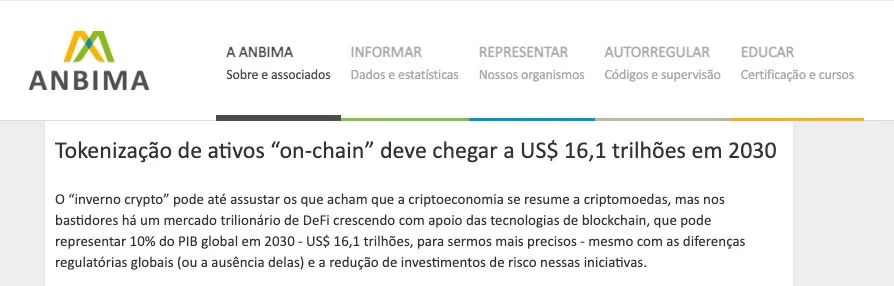 ANBIMA — Tokenização de ativos deve chegar a US$ 16,1 trilhões em 2030